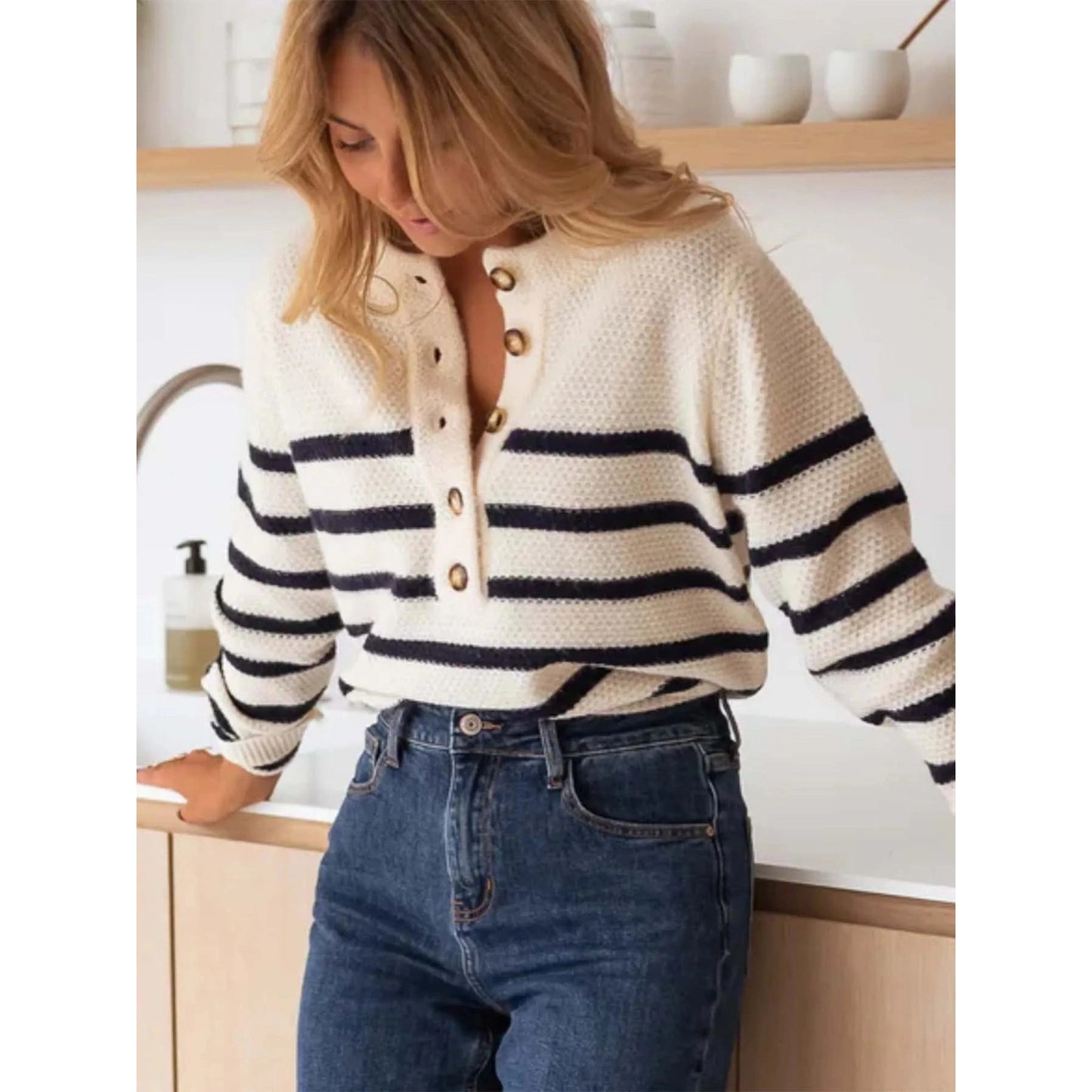 Arli Quarter Button Striped Sweater