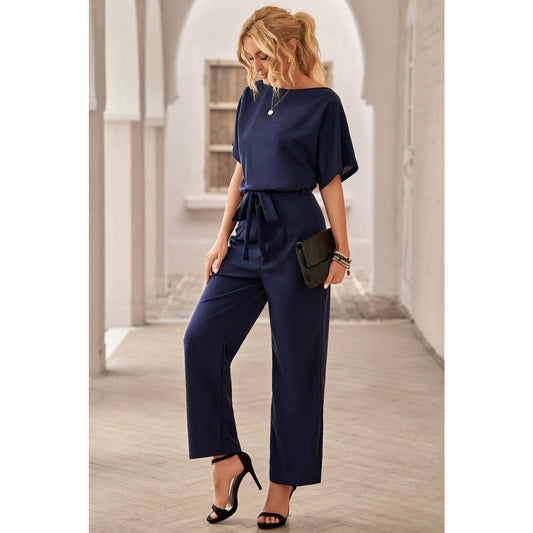 Artessa Navy Belted Wide Leg Jumpsuit