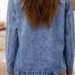Ashi Sky Blue Patchwork Faux Leather Collar Long Sleeve Denim Jacket