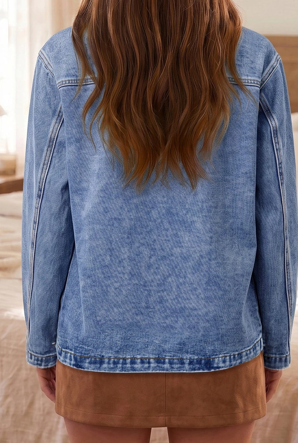 Ashi Sky Blue Patchwork Faux Leather Collar Long Sleeve Denim Jacket