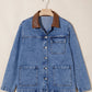 Ashi Sky Blue Patchwork Faux Leather Collar Long Sleeve Denim Jacket