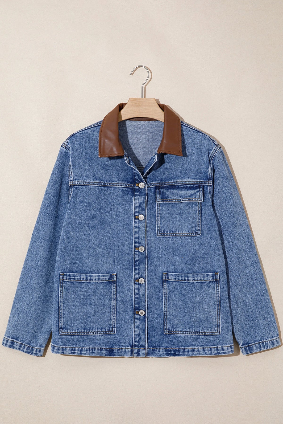 Ashi Sky Blue Patchwork Faux Leather Collar Long Sleeve Denim Jacket