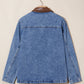 Ashi Sky Blue Patchwork Faux Leather Collar Long Sleeve Denim Jacket