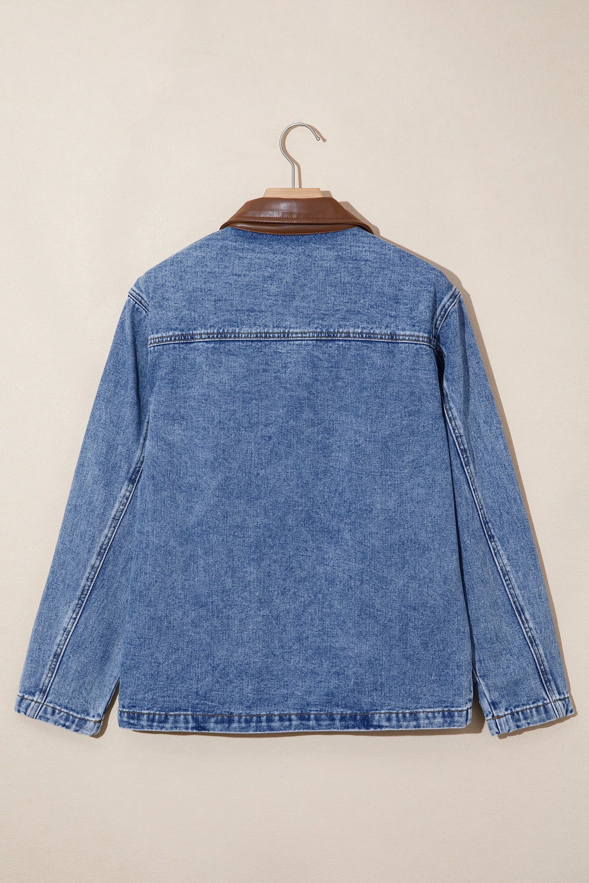 Ashi Sky Blue Patchwork Faux Leather Collar Long Sleeve Denim Jacket