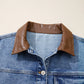 Ashi Sky Blue Patchwork Faux Leather Collar Long Sleeve Denim Jacket