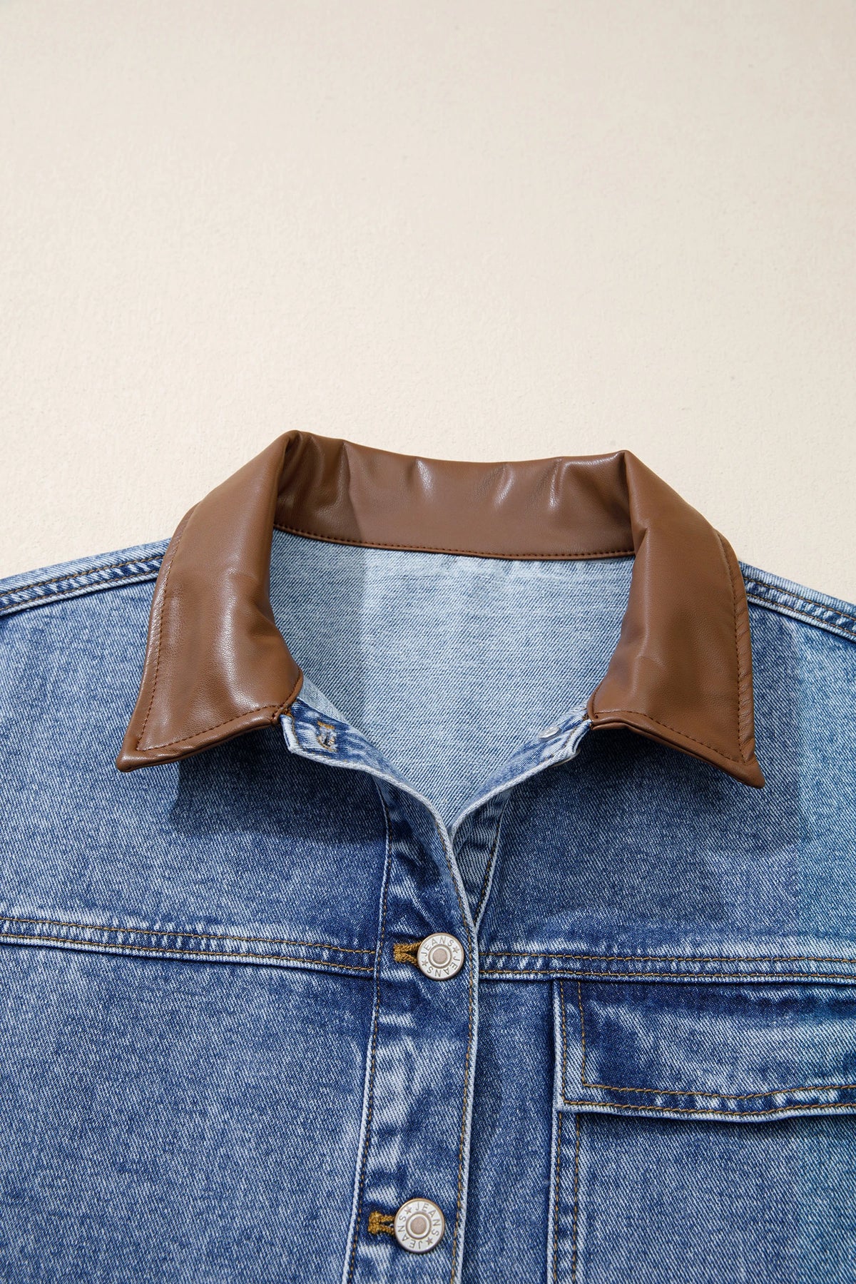 Ashi Sky Blue Patchwork Faux Leather Collar Long Sleeve Denim Jacket