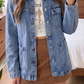 Ashi Sky Blue Patchwork Faux Leather Collar Long Sleeve Denim Jacket