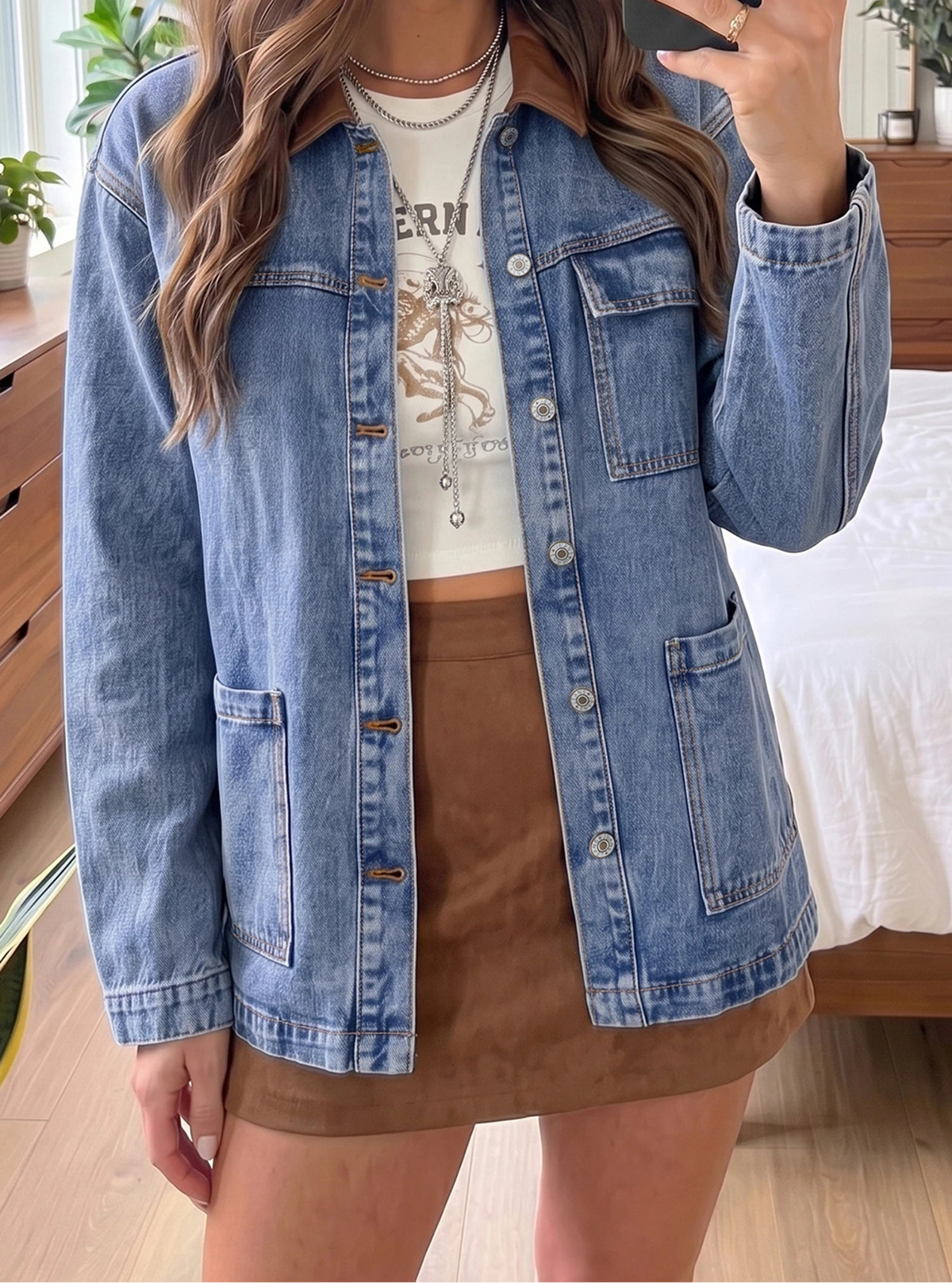 Ashi Sky Blue Patchwork Faux Leather Collar Long Sleeve Denim Jacket