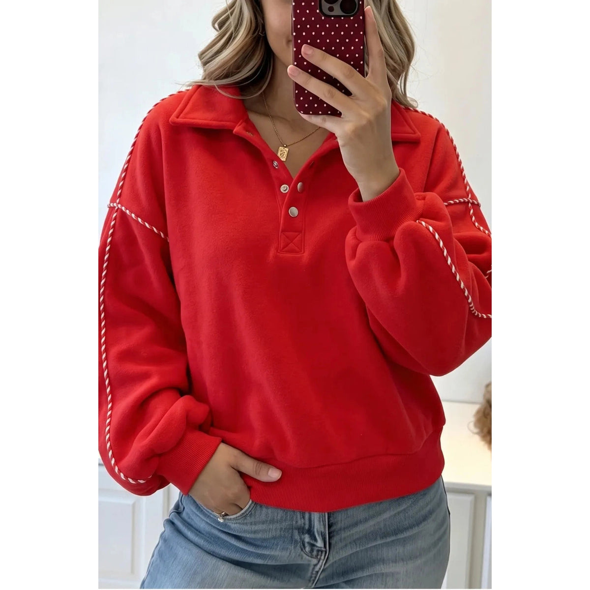 Ashlee Fiery Red Snap Button Sleeve Candy Cane Lane Detail Pullover Sweatshirt