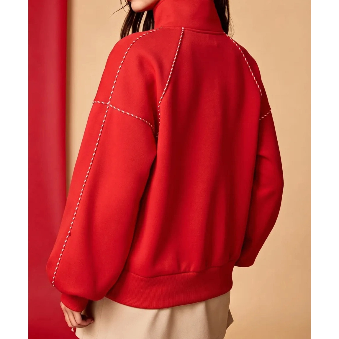 Ashlee Fiery Red Snap Button Sleeve Candy Cane Lane Detail Pullover Sweatshirt