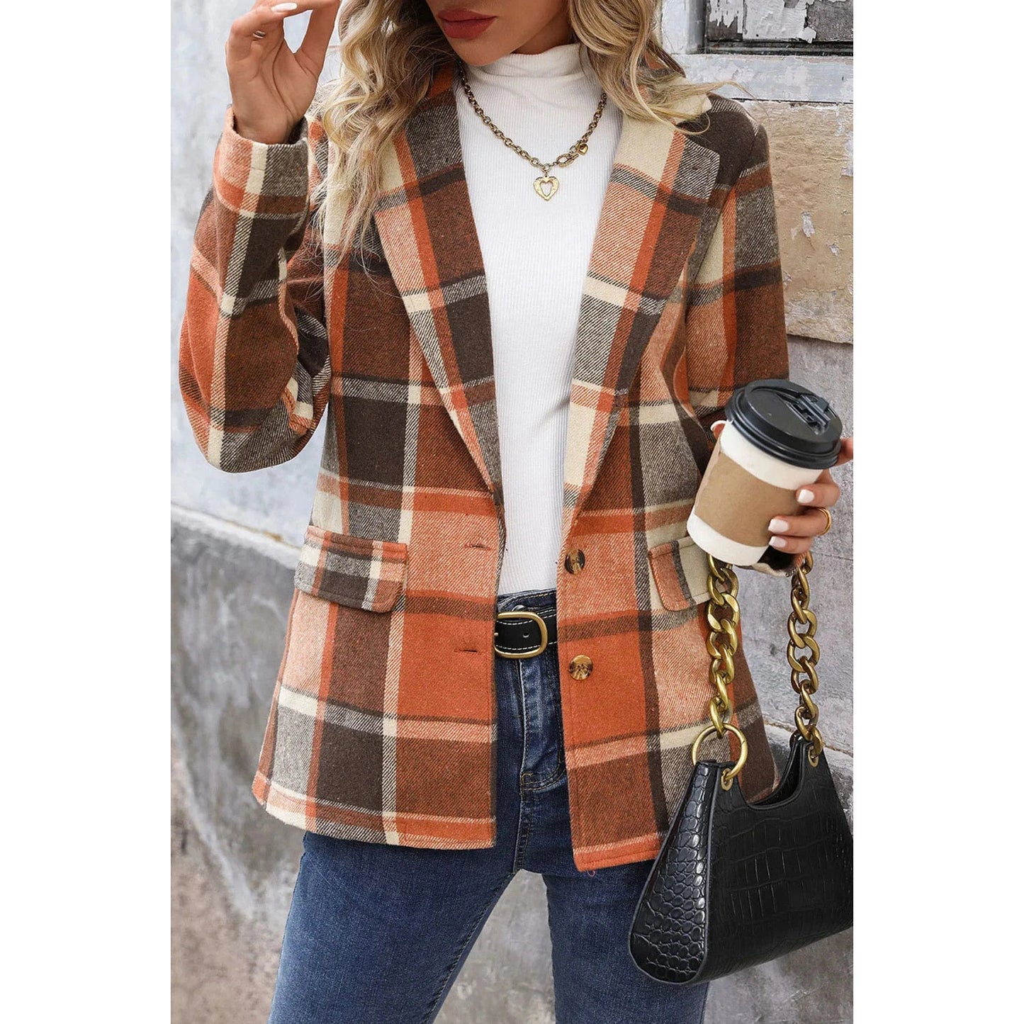 Ashlyn Retro Plaid Print Lapel Suit Jacket