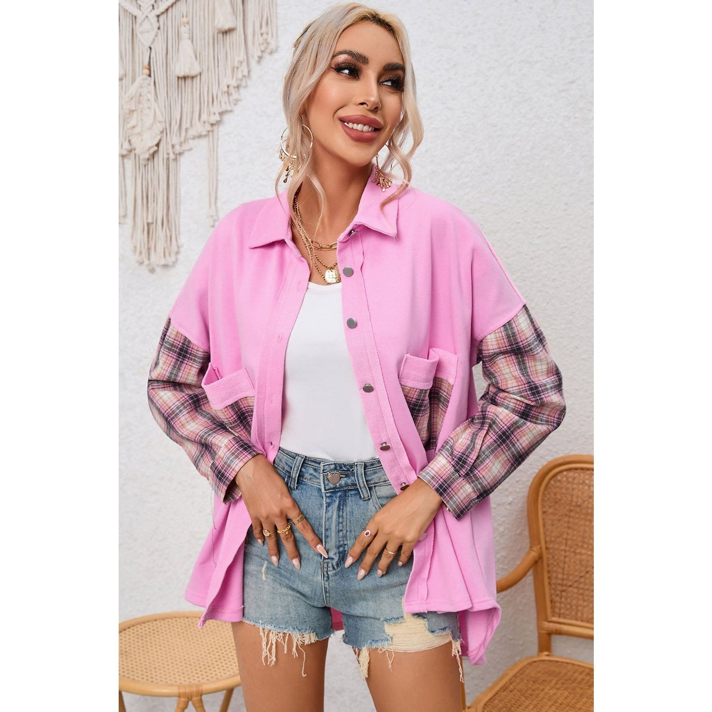 Ashtyn Pink Plaid Patchwork Chest Pockets Oversized Shirt Jacket