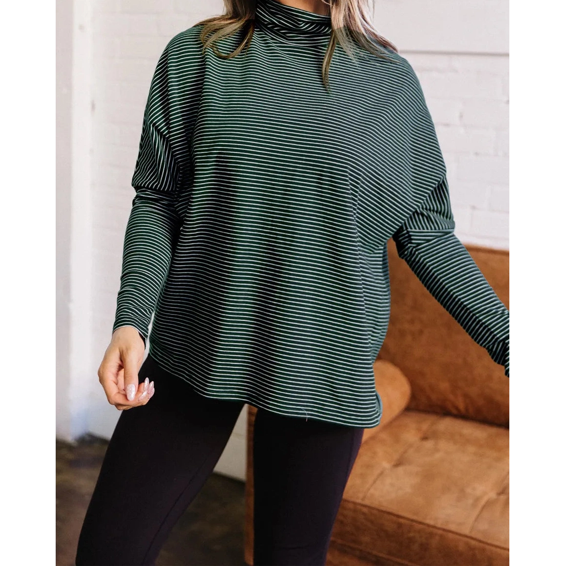 Aspyn Green Stripe High Neck Dropped Shoulder Long Sleeve Casual Top
