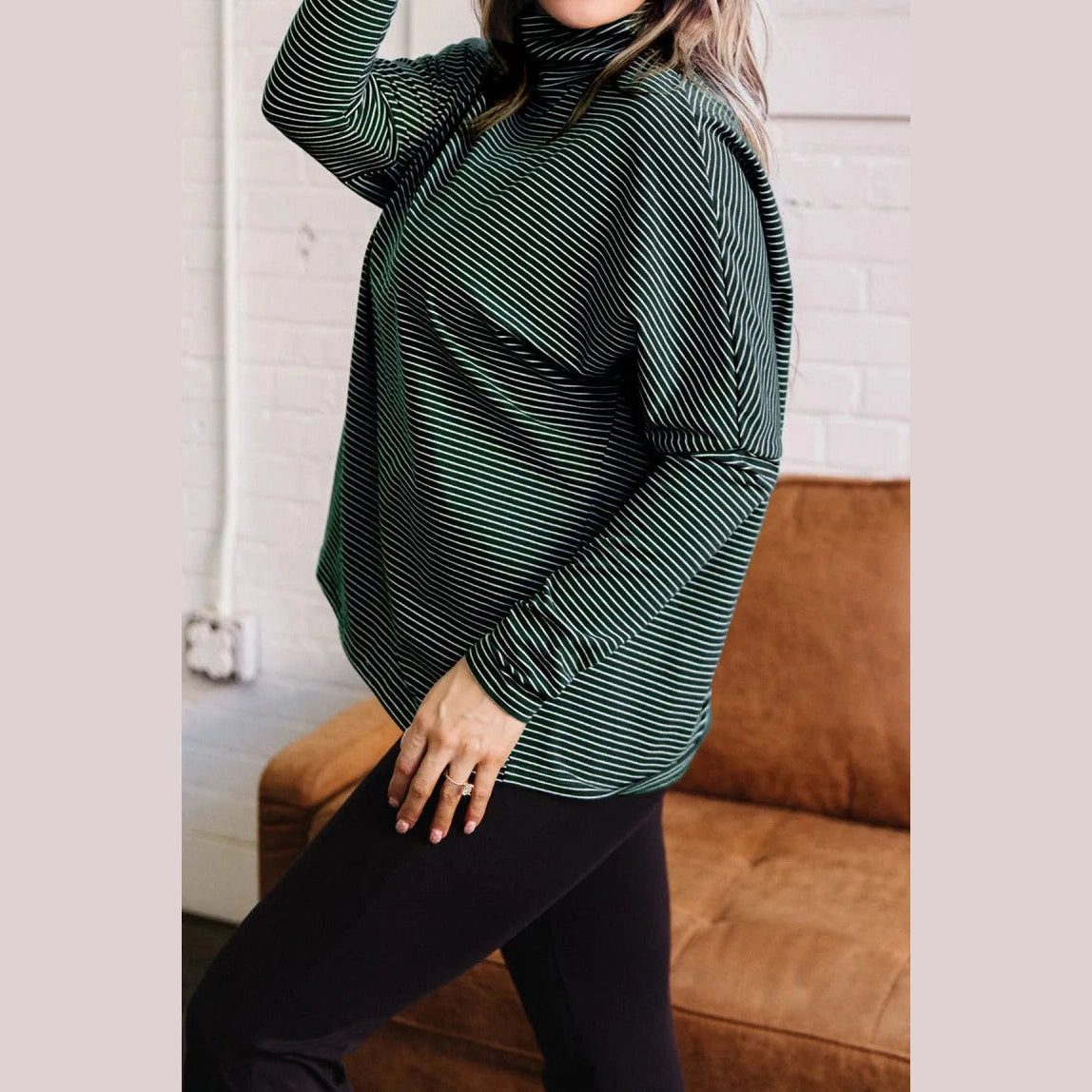 Aspyn Green Stripe High Neck Dropped Shoulder Long Sleeve Casual Top