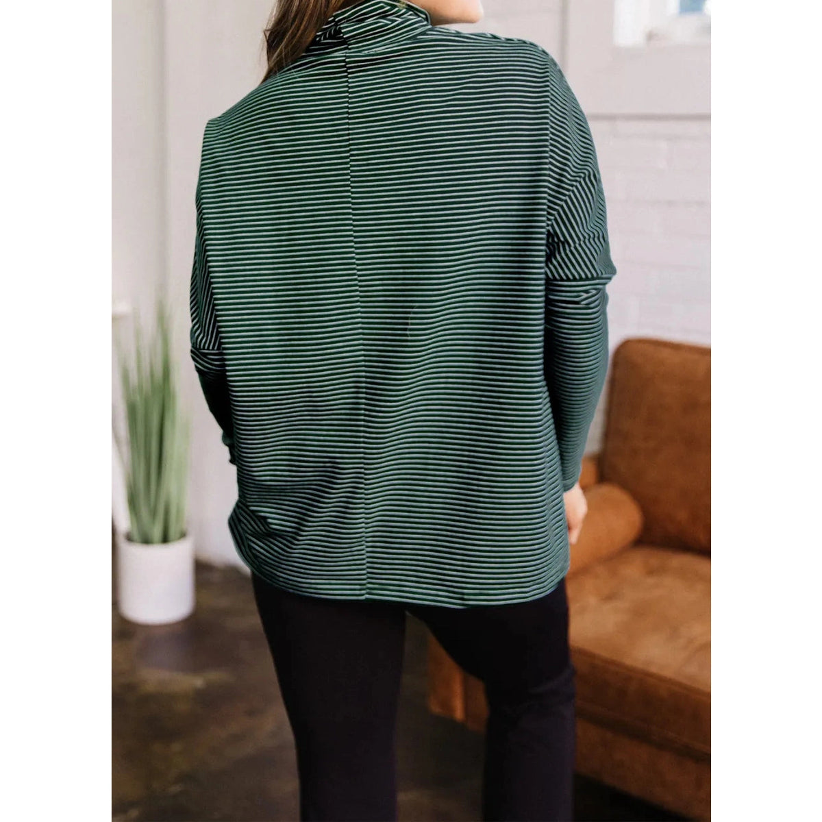Aspyn Green Stripe High Neck Dropped Shoulder Long Sleeve Casual Top