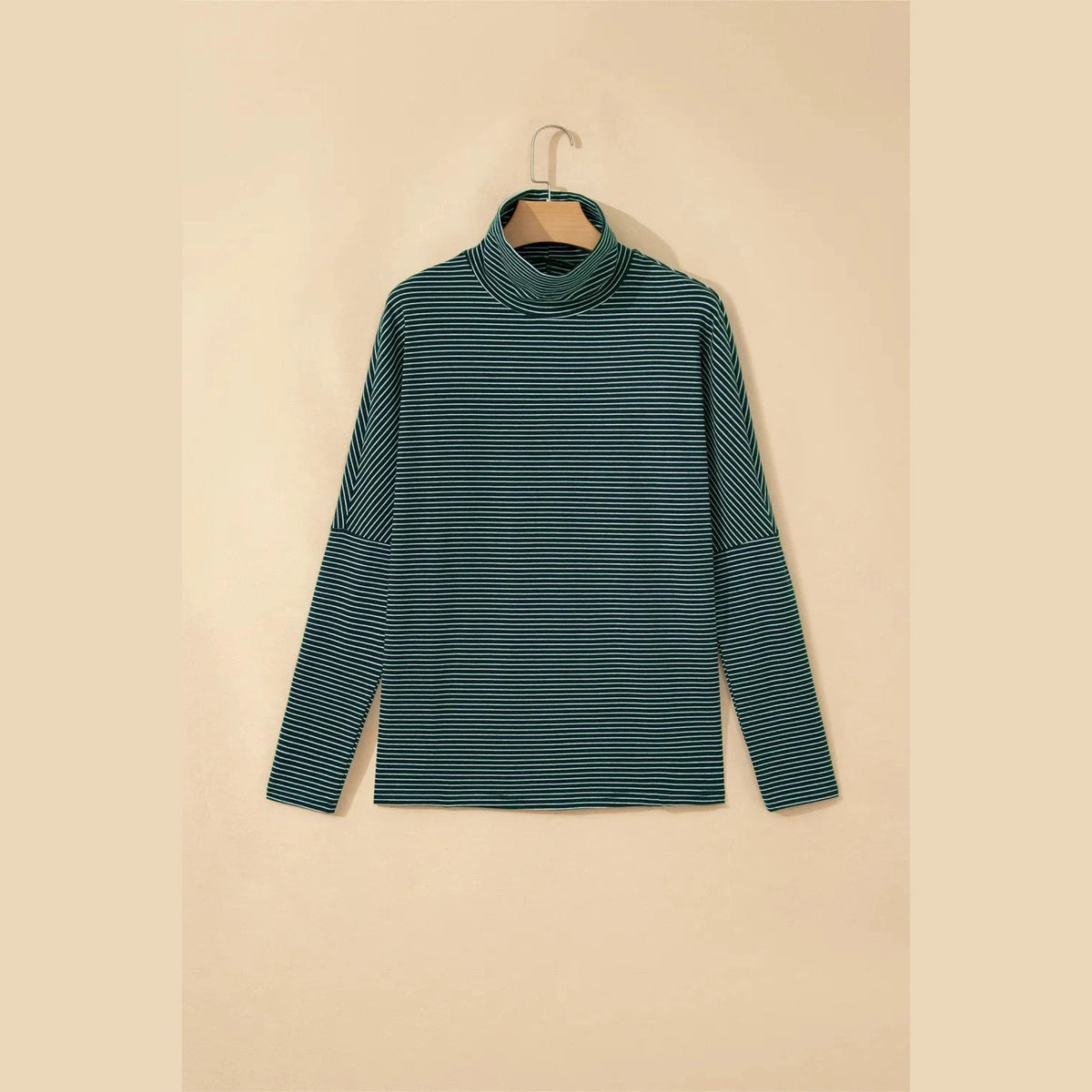 Aspyn Green Stripe High Neck Dropped Shoulder Long Sleeve Casual Top