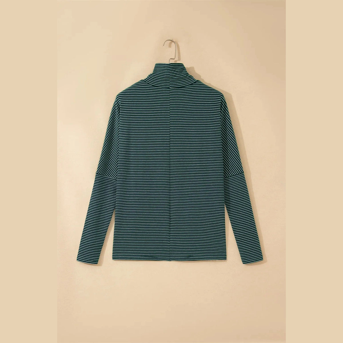 Aspyn Green Stripe High Neck Dropped Shoulder Long Sleeve Casual Top