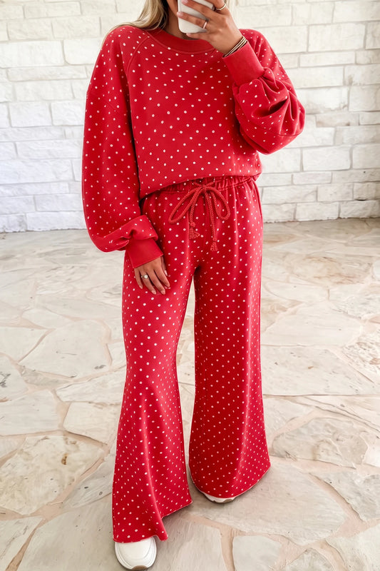 Aster Red Polka Dot Drawstring Wide Leg Long Sleeve Top Pant Set
