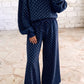 Aster Navy Polka Dot Drawstring Wide Leg Long Sleeve Top Pant Set