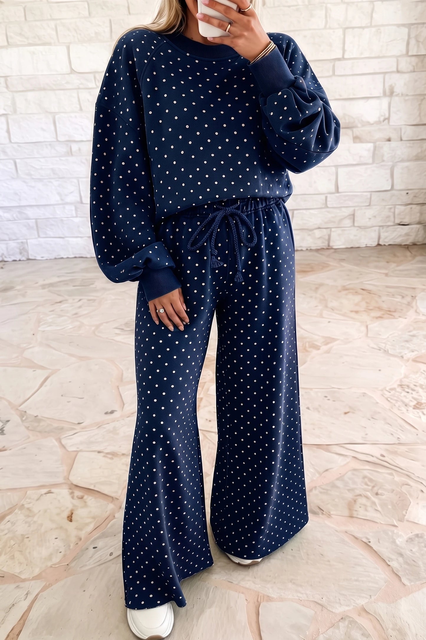 Aster Navy Polka Dot Drawstring Wide Leg Long Sleeve Top Pant Set