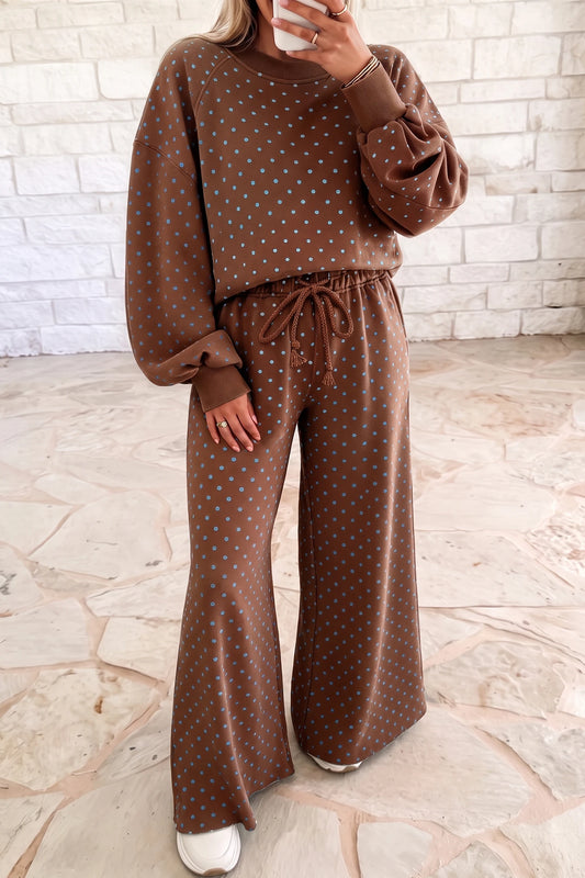 Aster Brown Polka Dot Drawstring Wide Leg Long Sleeve Top Pant Set
