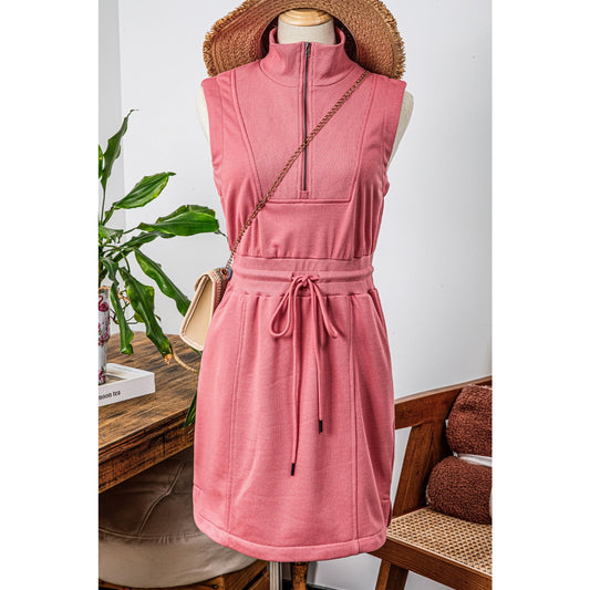 Aubrey Mineral Red French Terry Zipped Collar Sleeveless Drawstring Waist Mini Dress