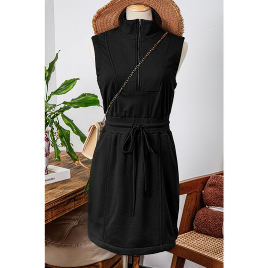 Aubrey Black French Terry Zipped Collar Sleeveless Drawstring Waist Mini Dress