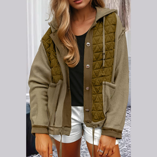 Audrie Green Quilted Textured Patchwork Loose Fit Hooded Jacket