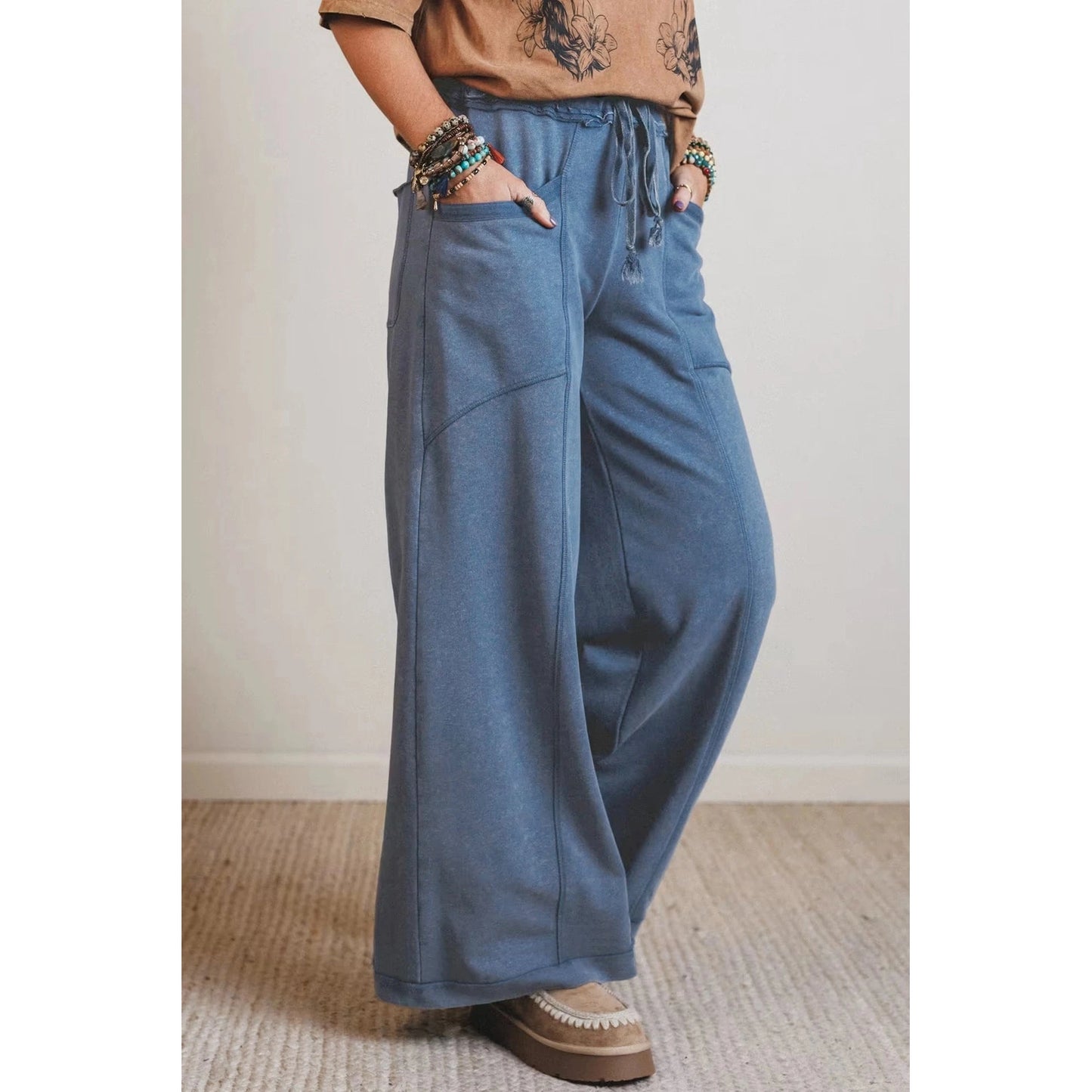 Ava Grace Blue Mineral Wash Drawstring Retro High Waist Wide Leg Western Pants