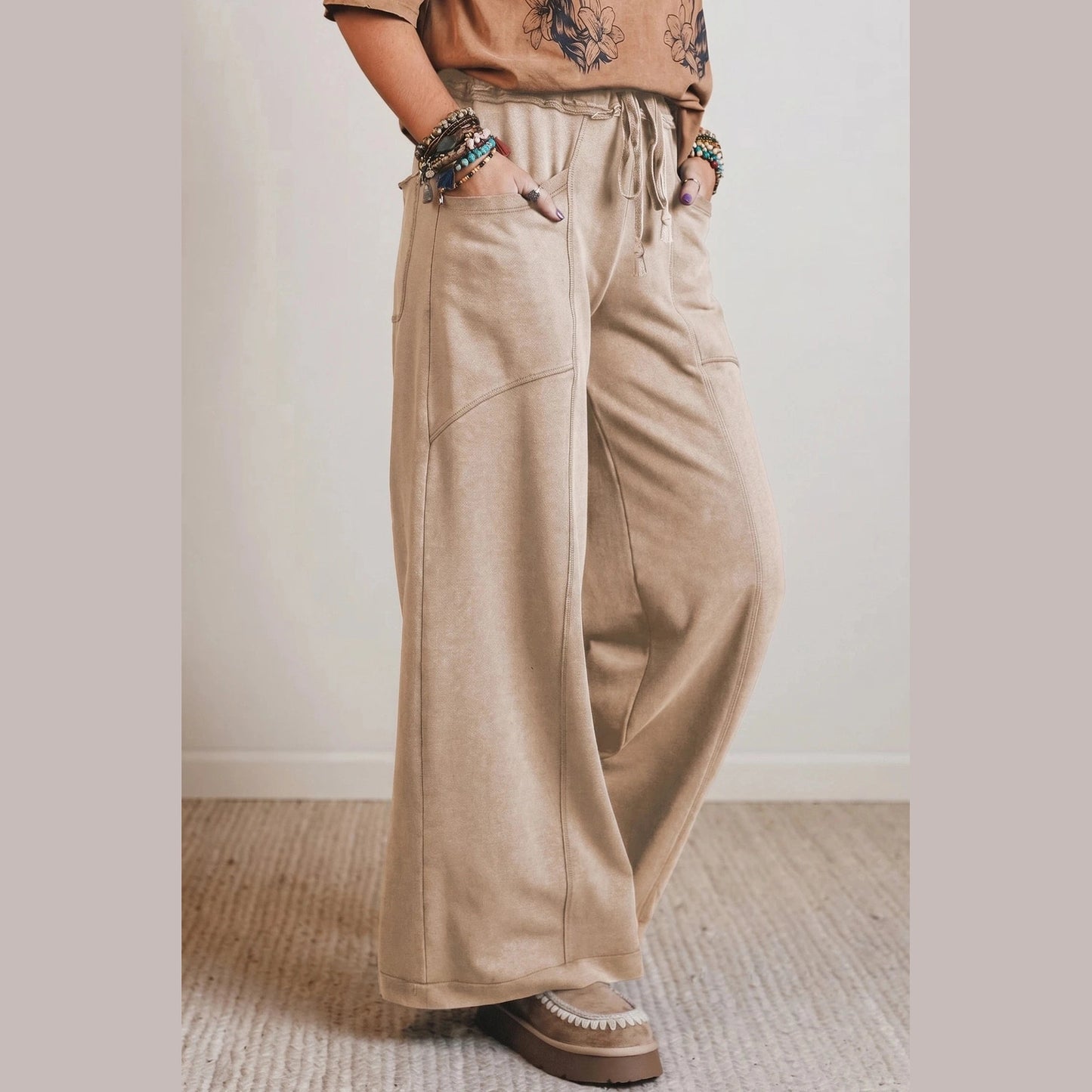 Ava Grace Khaki Mineral Wash Drawstring Retro High Waist Wide Leg Western Pants