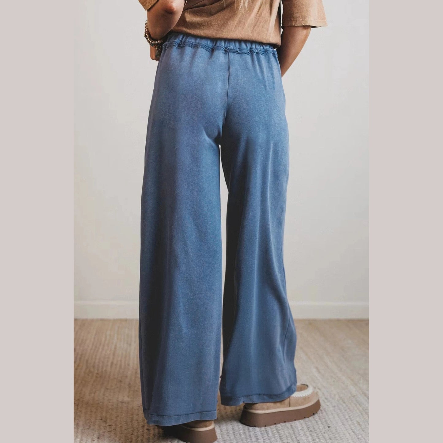 Ava Grace Blue Mineral Wash Drawstring Retro High Waist Wide Leg Western Pants