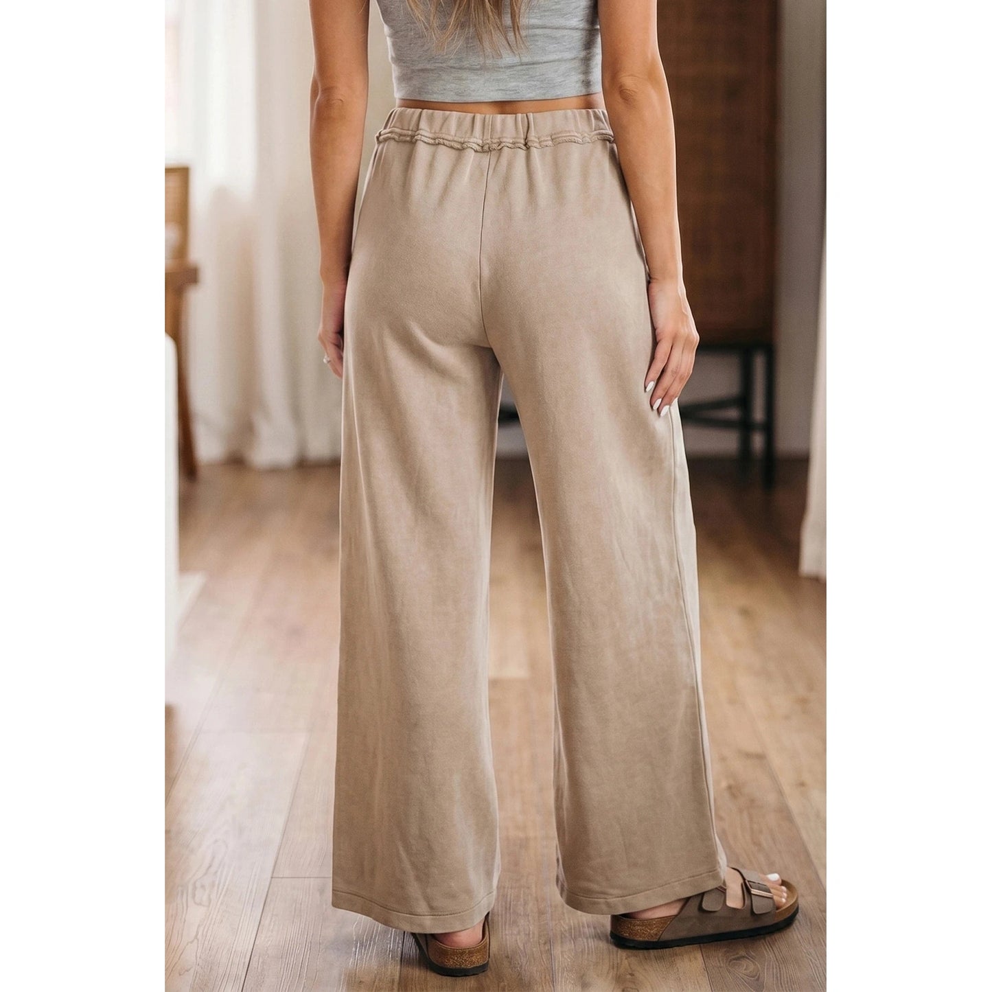 Ava Grace Khaki Mineral Wash Drawstring Retro High Waist Wide Leg Western Pants