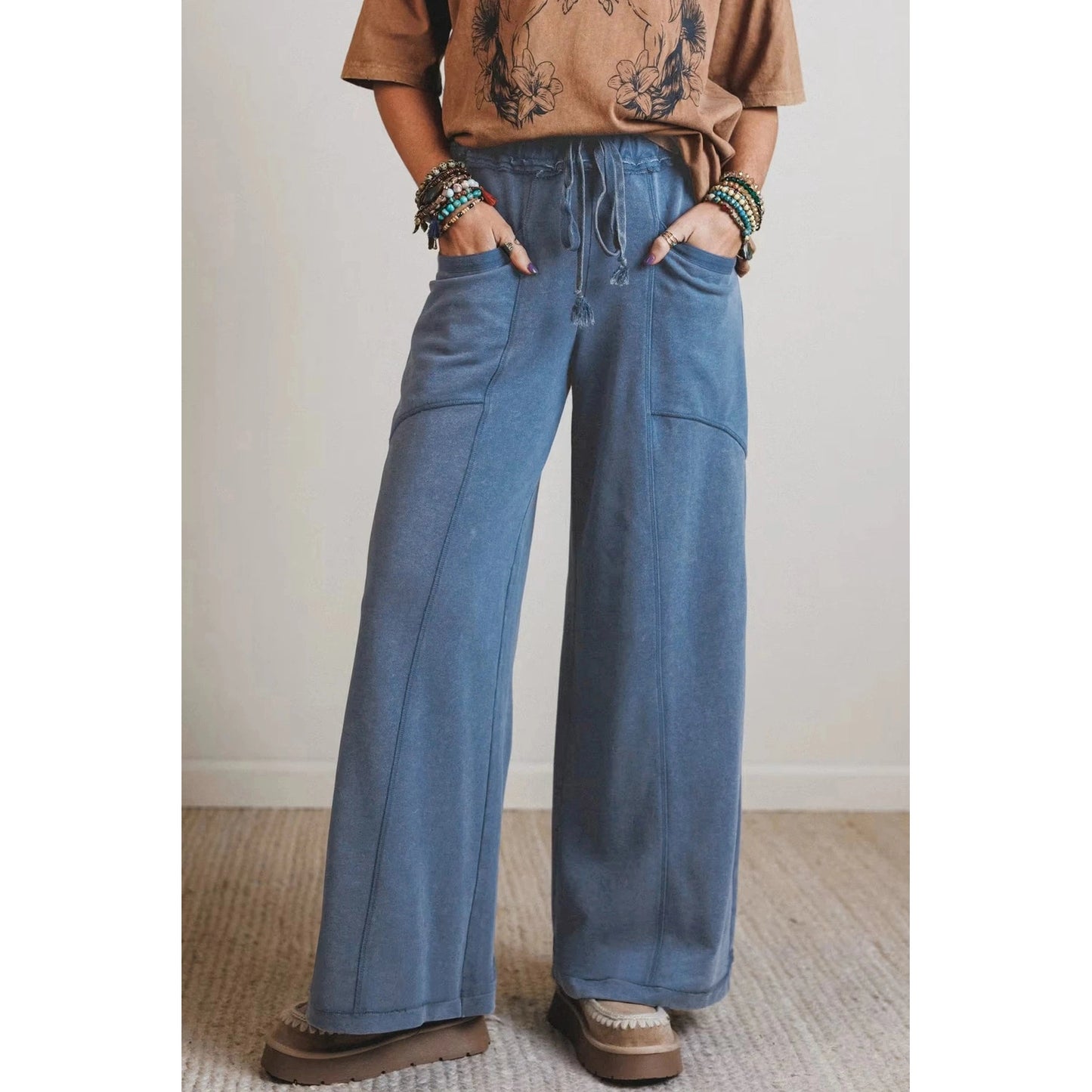 Ava Grace Blue Mineral Wash Drawstring Retro High Waist Wide Leg Western Pants