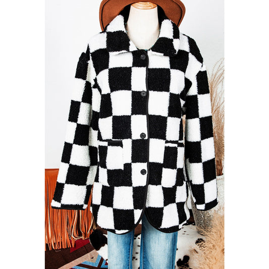 Ava Rose Black Checkered Side Pockets Collared Buttoned Fleece Jacket