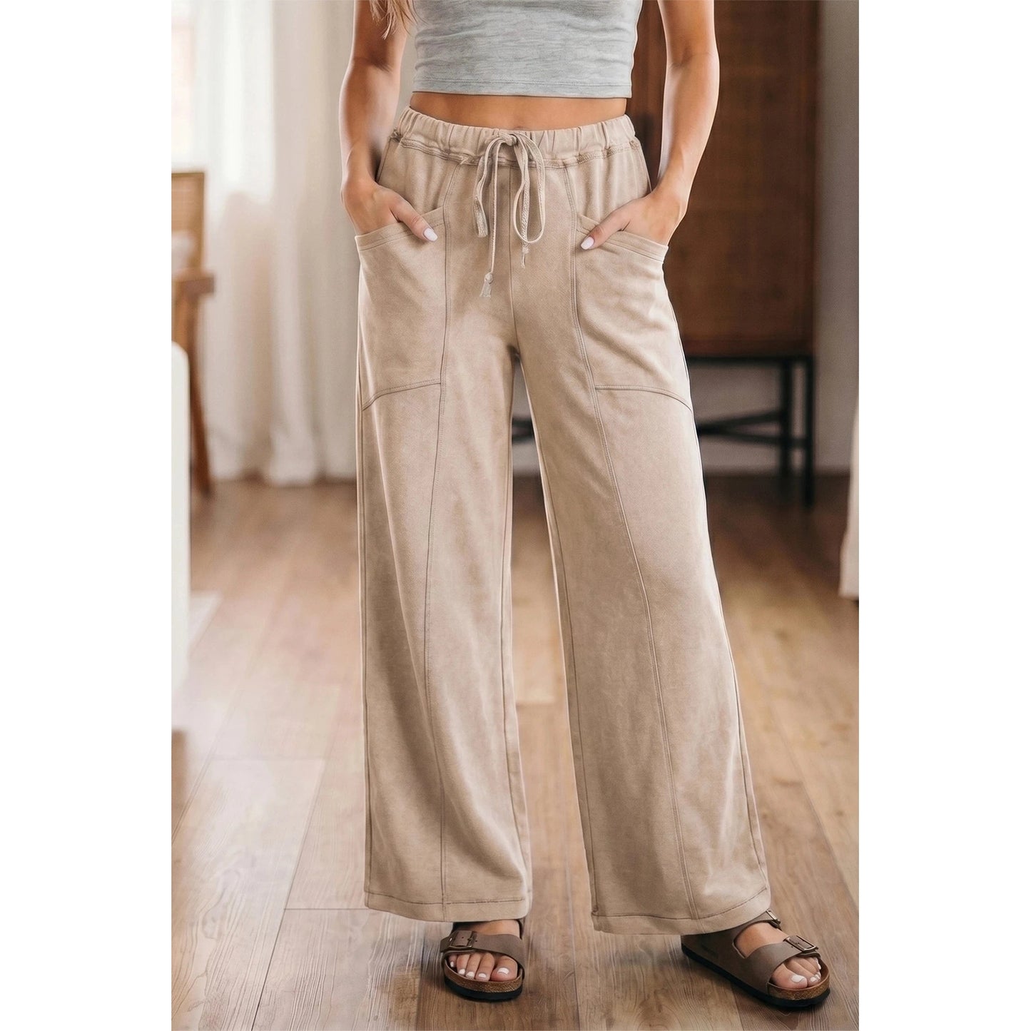 Ava Grace Khaki Mineral Wash Drawstring Retro High Waist Wide Leg Western Pants