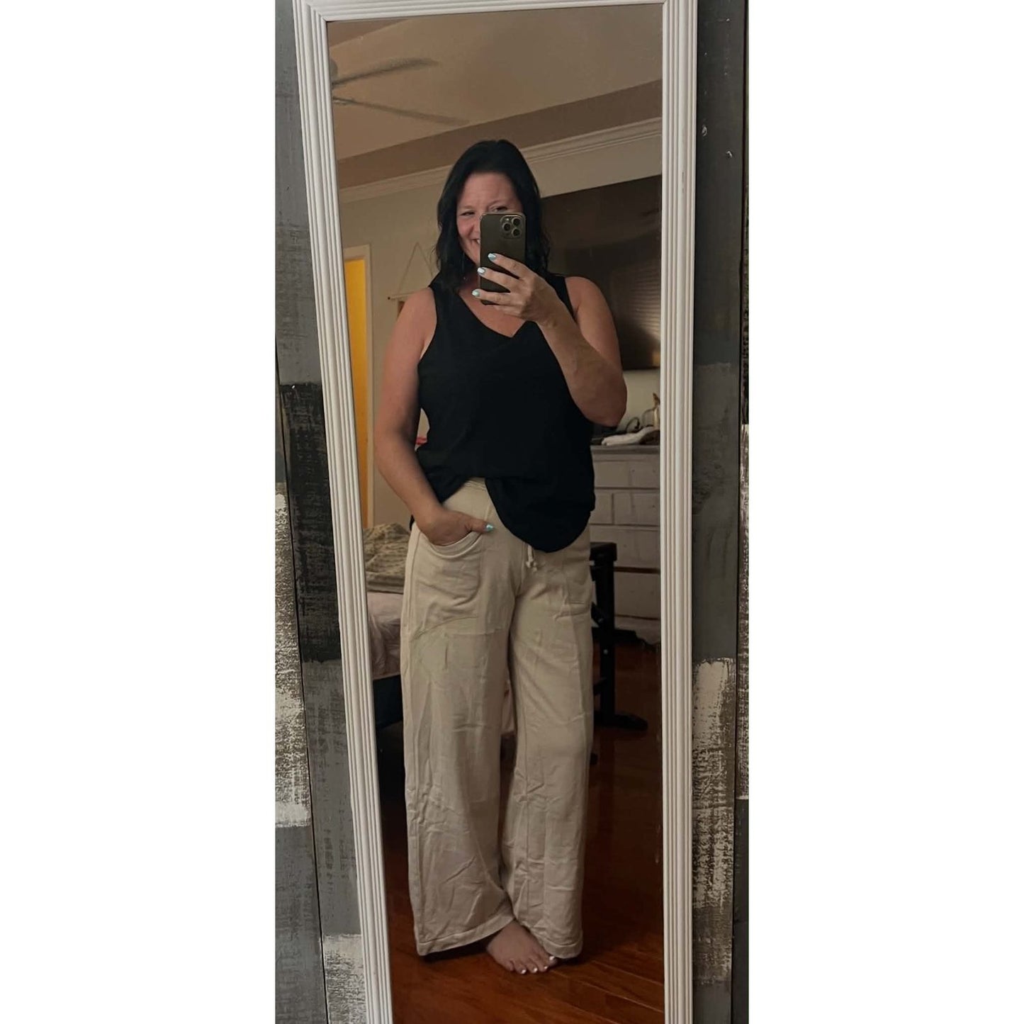 Ava Grace Khaki Mineral Wash Drawstring Retro High Waist Wide Leg Western Pants