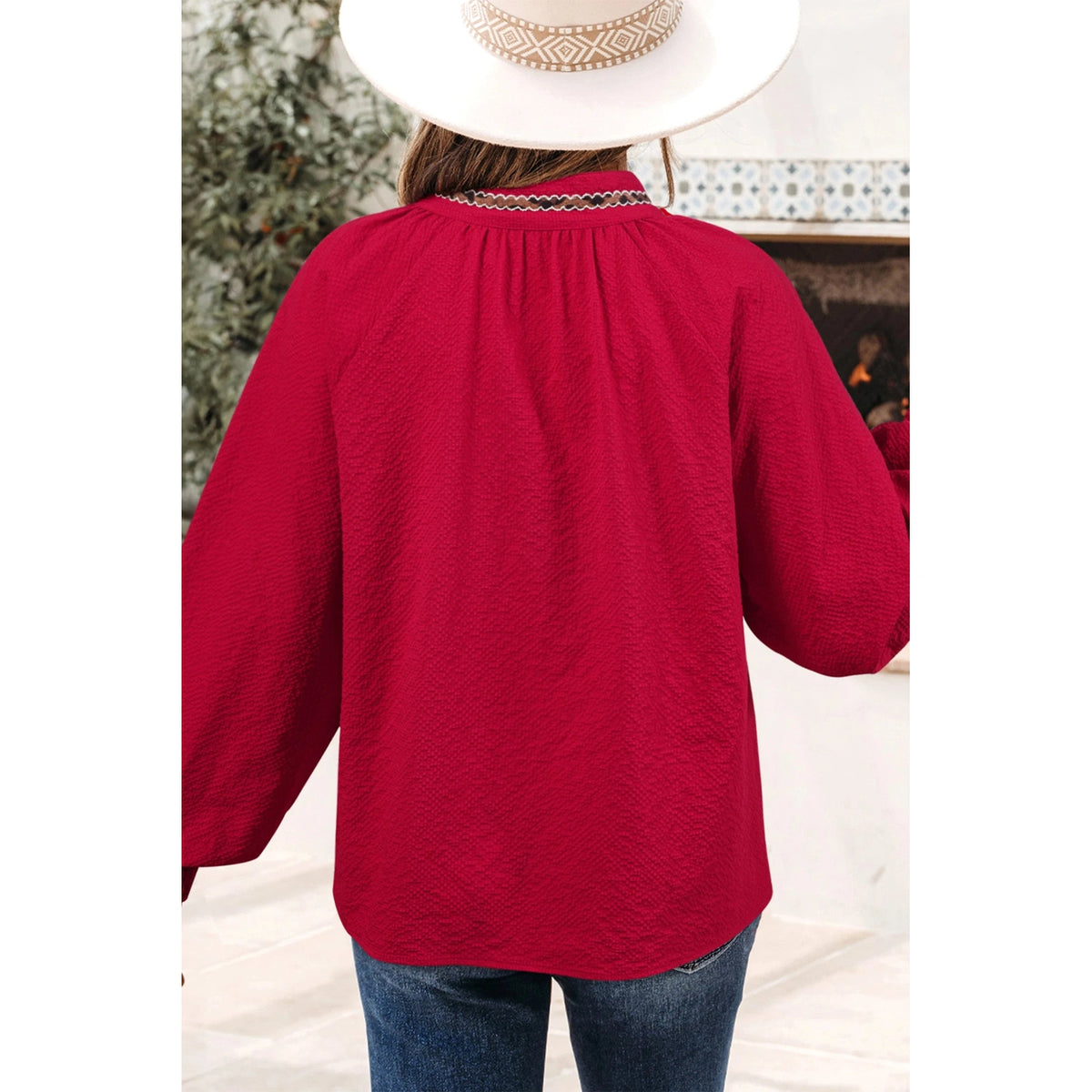 Avah Racing Red Leopard Jacquard Print V Neck Textured Blouse