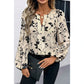 Avalynn Khaki Botanical Floral Print Split Neck Long Sleeve Blouse