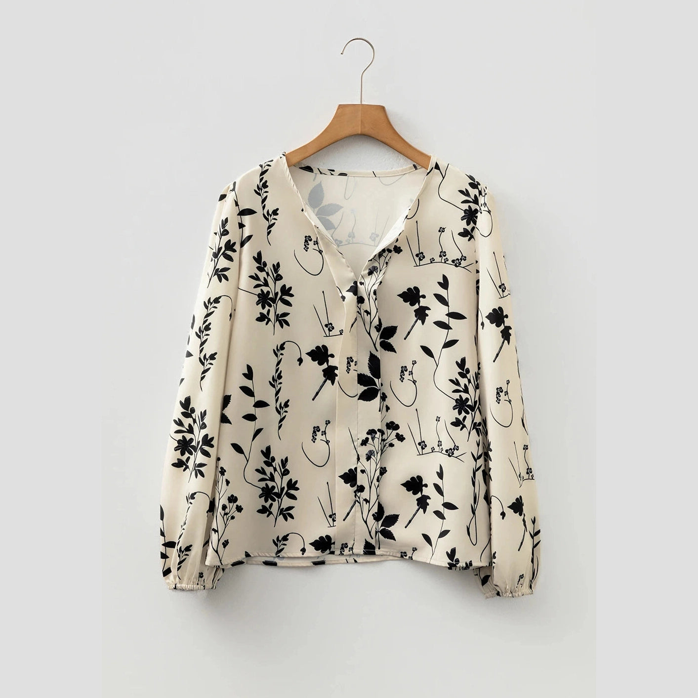 Avalynn Khaki Botanical Floral Print Split Neck Long Sleeve Blouse