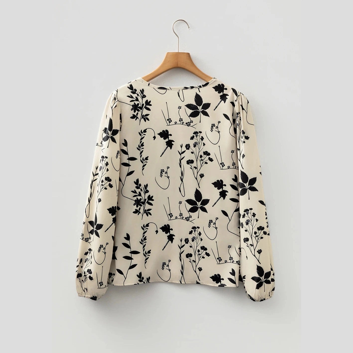 Avalynn Khaki Botanical Floral Print Split Neck Long Sleeve Blouse