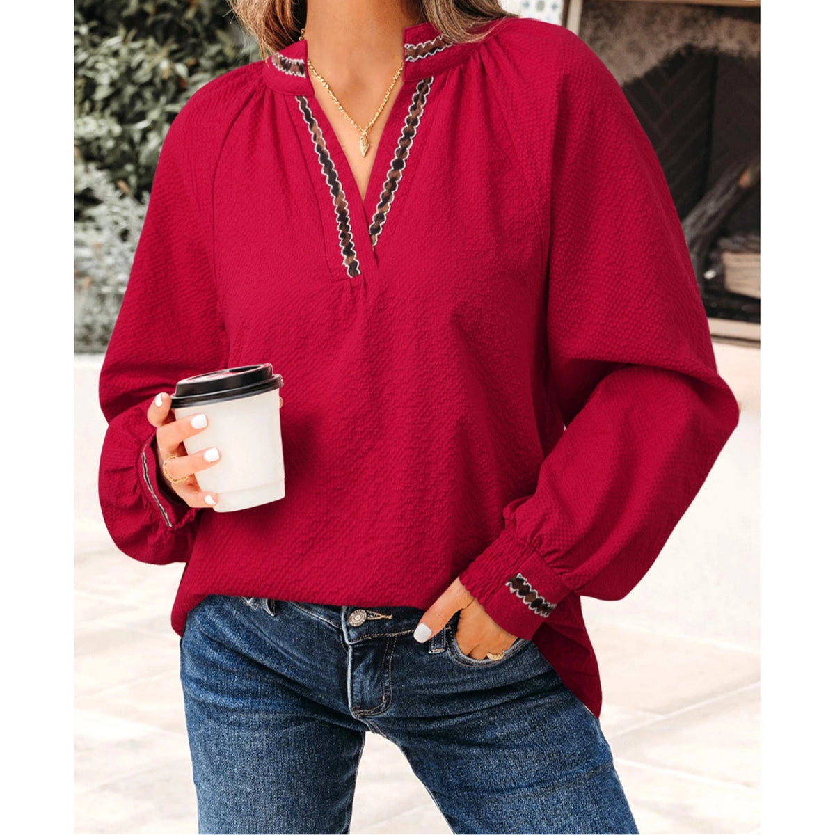Avah Racing Red Leopard Jacquard Print V Neck Textured Blouse