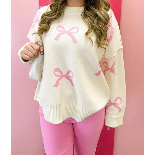 SALE!!!  Avette Pink Bow Print Ribbed Trim Exposed Seam Drop Shoulder Loose Sweater