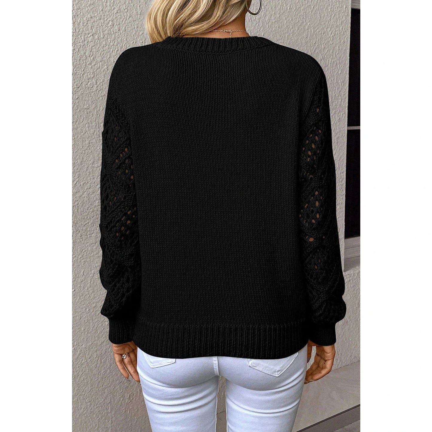 Chaya Black V Neck Pointelle Knit Sleeve Patchwork Sweater