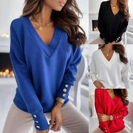 Ayda V Neck Button Cuff Decor Top - 4 Colors