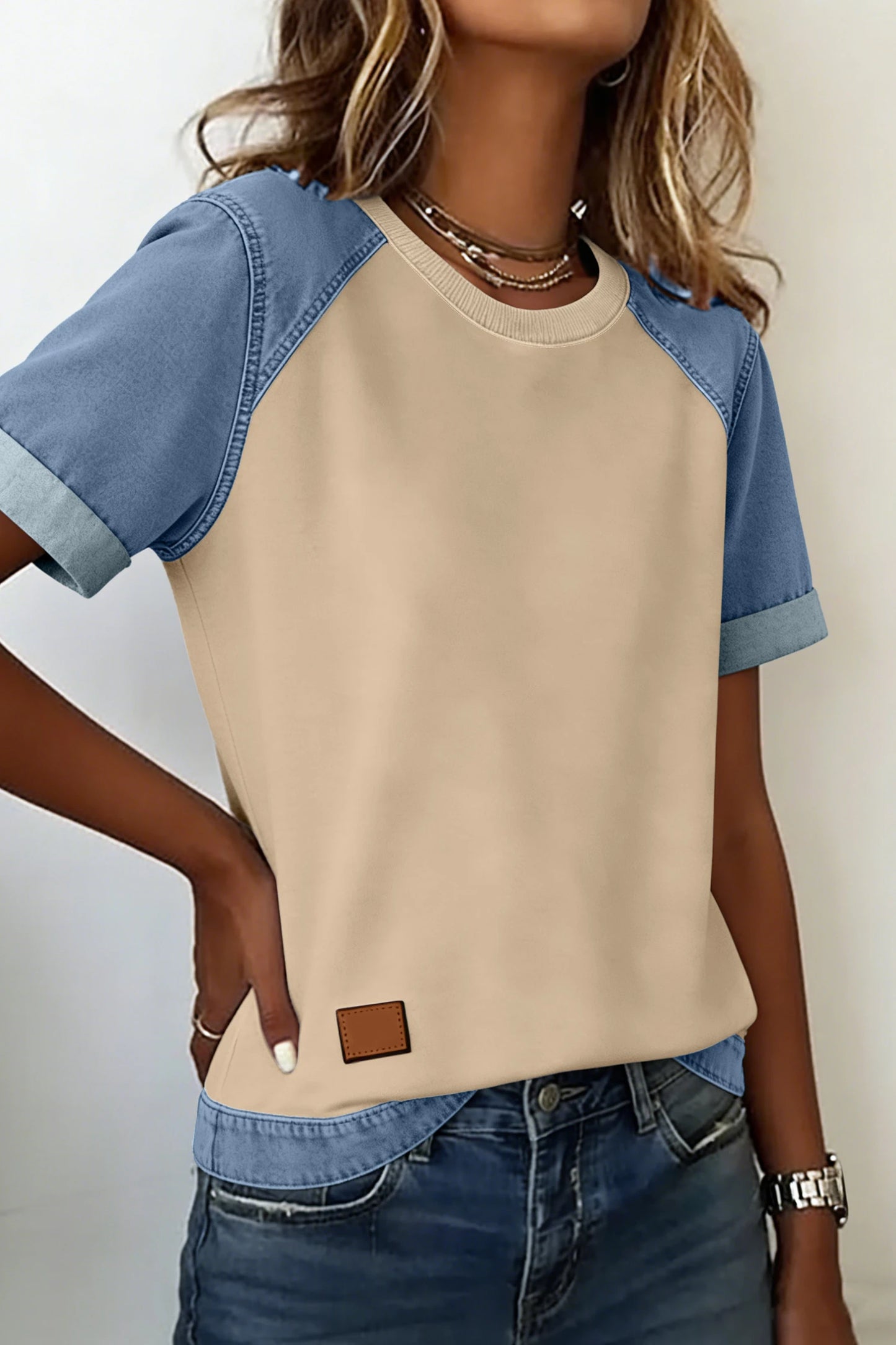 Ayda Parchment Denim Color Block Patchwork Round Neck Tee