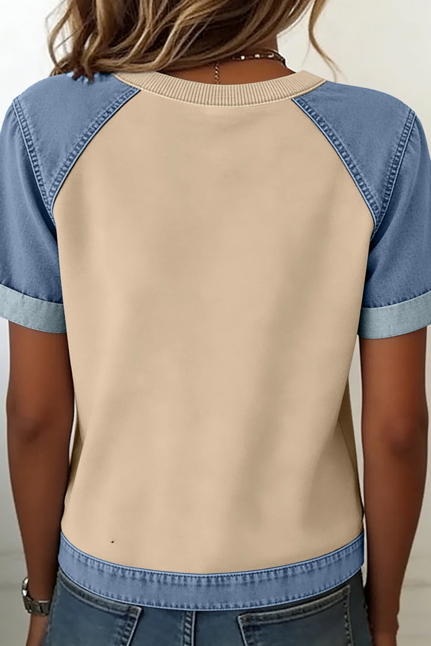 Ayda Parchment Denim Color Block Patchwork Round Neck Tee