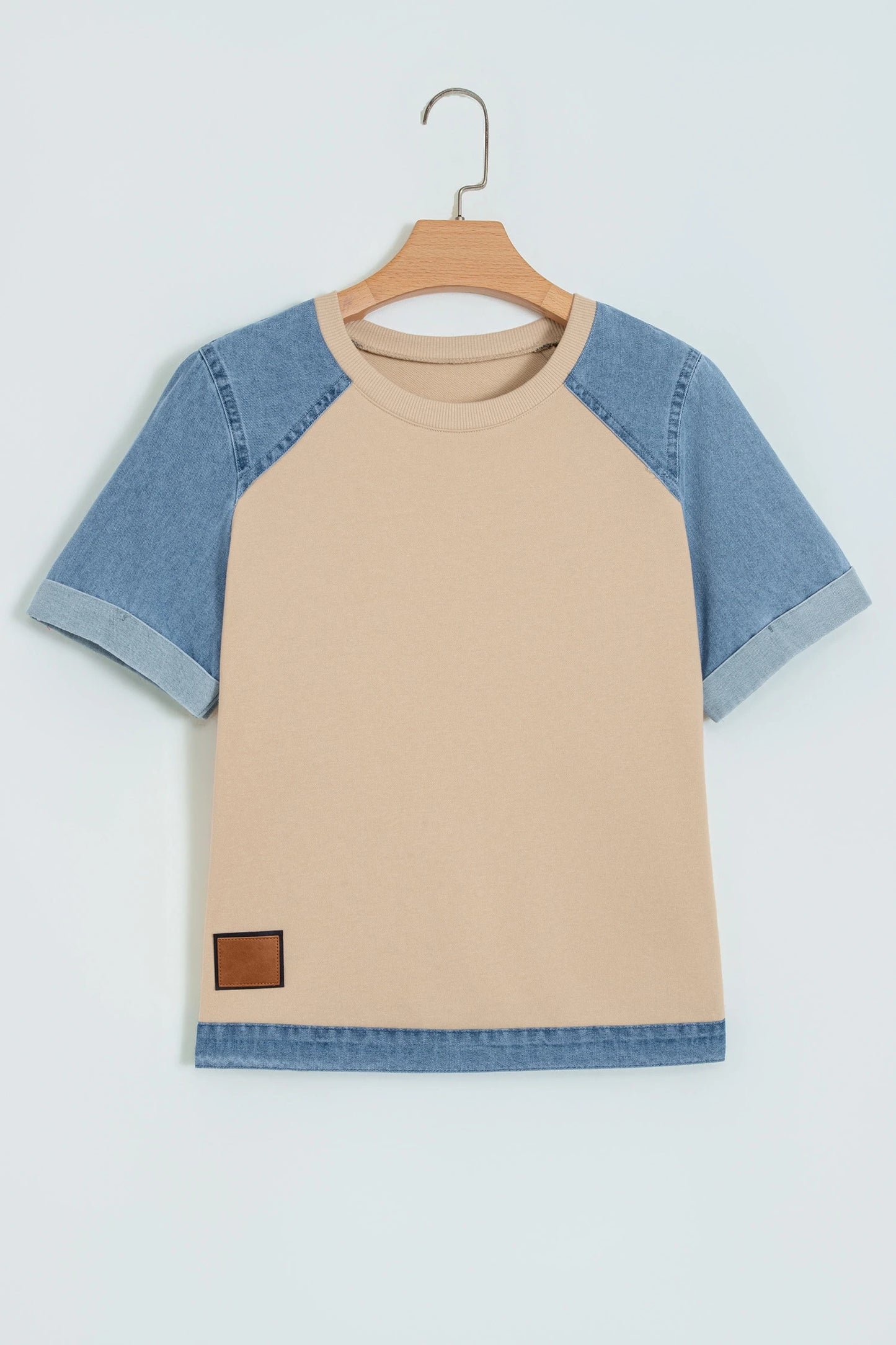Ayda Parchment Denim Color Block Patchwork Round Neck Tee