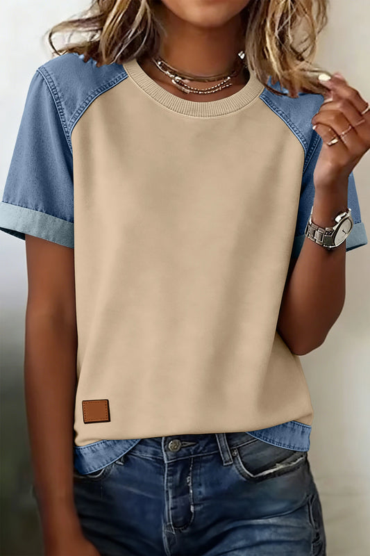 Ayda Parchment Denim Color Block Patchwork Round Neck Tee