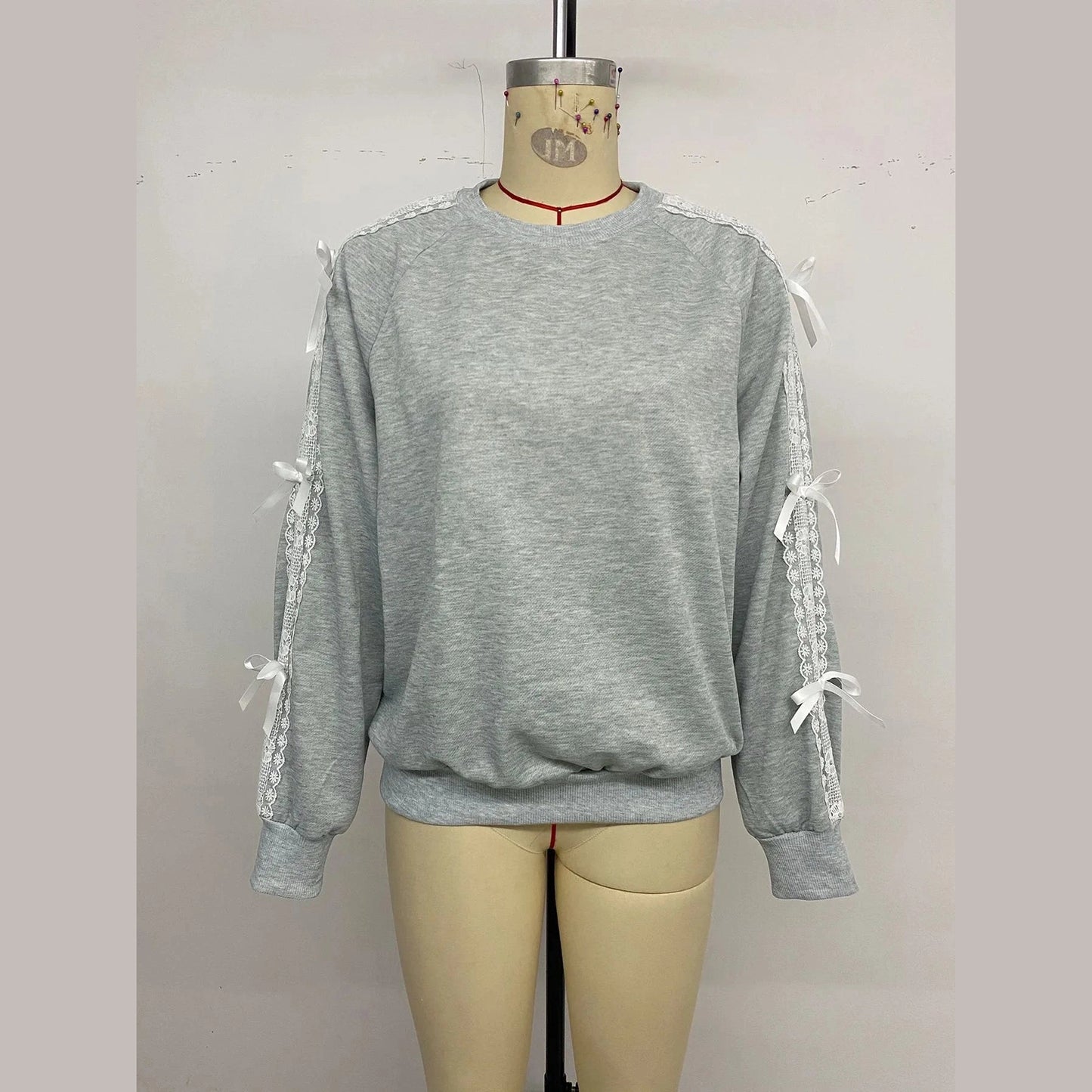 Bristol Grey Bow Lace Detail Long Sleeve Sweatshirt