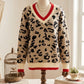Lawayna Khaki Leopard Pattern V-Neck Contrast Rib Knitted Sweater